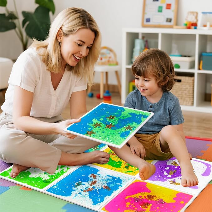 Liquid Sensory Floor Tiles for Toddlers 3+: 12" Ocean Mats, 6 Pack | Sea Creatures Move Through Colorful Liquid with Each Step for Ocean Sensory Play, Movement Games, Playrooms, and Classrooms