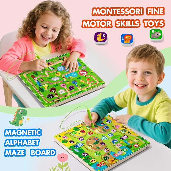 rifamee 2 in 1 Magnetic Color and Number Maze Magnet Alphabet Counting Double Sided Board Wood Puzzle Fine Motor Skills Montessori Preschool Toys Gifts for Boys and Girls 3-5 Age (Big Zoo, One Size)