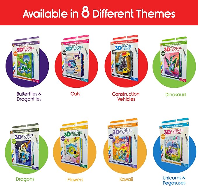 EyeConnect Crafts Diggers Mini 3D Tunnel Book – Hands-on Paper Craft Kit | Build, color & create a pop-in book! Mini animals, watercolor pastels & water brush included. Portable, screen-free fun! 3+