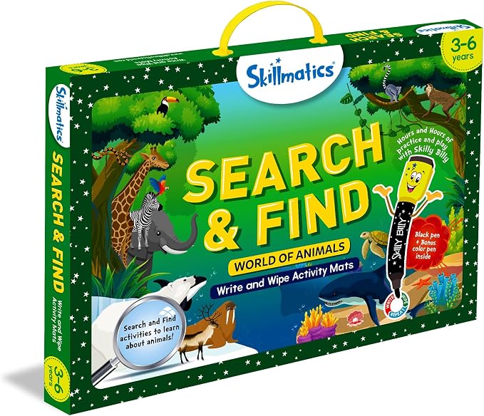 Skillmatics Search and Find Animals – Reusable Preschool Learning Activity | Write & Wipe Mats, Learning & Educational Toy for Toddlers & Kids, Back to School Supplies for Boys & Girls Ages 3, 4, 5