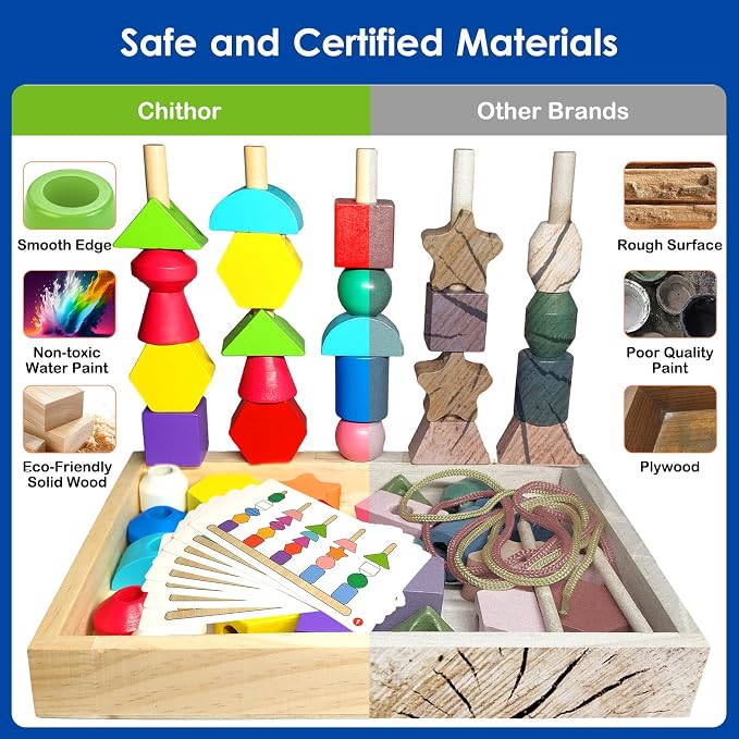 Montessori Wooden Beads Sequencing Toy Set, Sorting Stacking Blocks & Lacing Beads & Shape Matching Stacker for 2 3 4 5 Years Kids Preschool Learning Fine Motor Skills Toys Gifts for Toddler Boy Girl