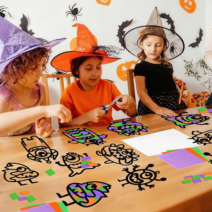 Qyeahkj 36 Set Halloween Monster Suncatchers Crafts for Kids DIY Monster Window Tissue Paper Craft Kit Hanging Decor for School Classroom Activity Art Project Holiday Home Birthday Party Favor Gift