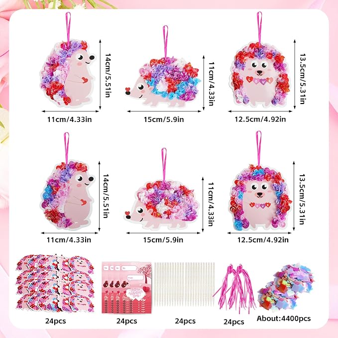 Fennoral 24 Pack Valentine's Day Craft Kits for Kids Make You Own Hedgehog Heart Poke in Art and Craft with Card DIY for Valentines Day Gift for Kids Classroom Activities Party Decoration