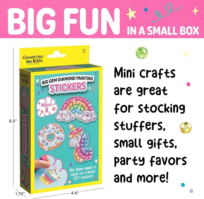 Creativity for Kids Big Gem Diamond Painting Stickers Mini Craft Kit: Create 8 Gem Art Stickers - DIY Kids Diamond Painting Kit, Unicorn Crafts for Girls, Screen Free Summer Activities (Ages 6+)