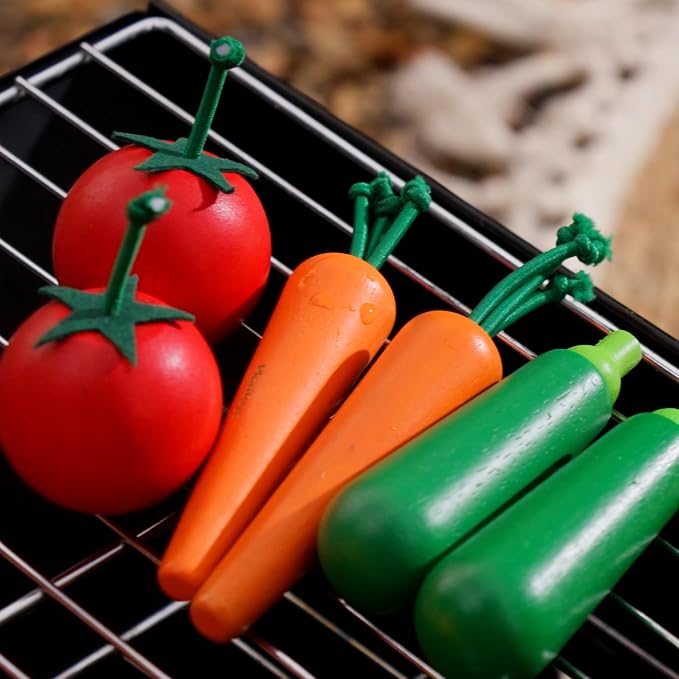 PlanToys® Wooden Fresh Produce Set Carrots, Zucchinis & Tomatoes Kids Toy | slicing, wooden knife, fruits and vegetables toys, girls, boys, montessori pretend food fine motor gift preschool learning