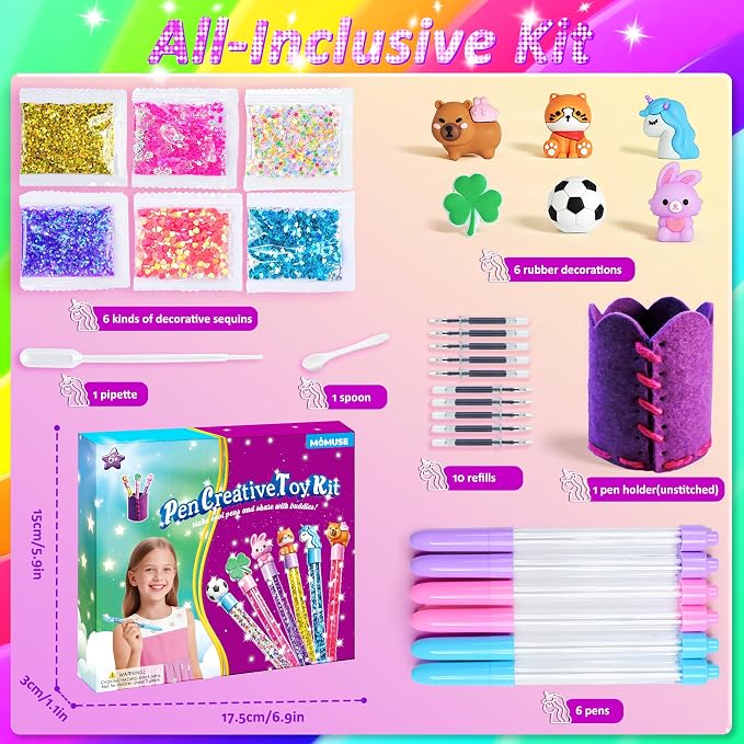 MOMUSE DIY Pen Making Kit for Kids Girls 6-12, Pen Creator Studio Craft Kit | Sewing Your Own Pen Holder, Make 6 Sparkly Glitter Pens, Girls Tweens Birthday Gift, Mess-Free