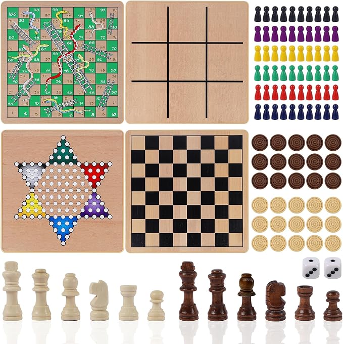 Glintoper 5-in-1 Wooden Board Game with 2 Reversible Boards for Chess, Checkers, Chinese Checkers, Snakes and Ladders, Tic Tac Toe, Tabletop Combo Classic Portable Board Games for Kids to Adult