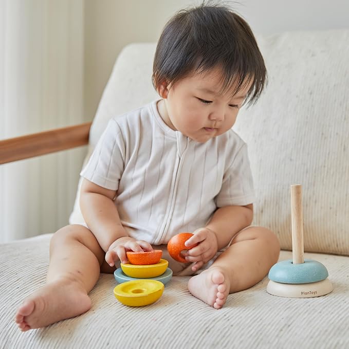PlanToys® Stacking Cups Ring Wooden Montessori Size Colour Sorting Kids Toy | stacking cups ring, wooden montessori size colour sorting, fine motor early math coordination, educational activity, toddlers