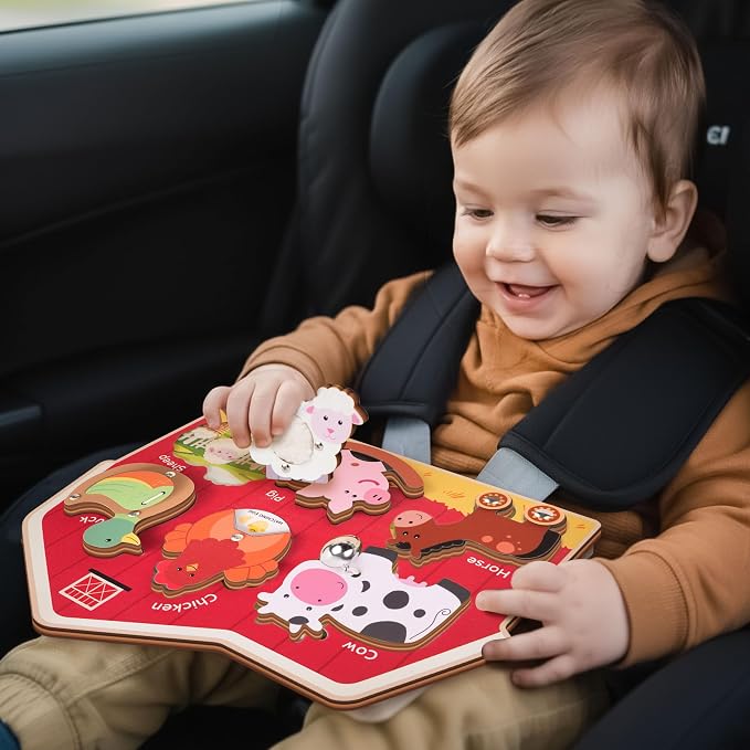 KALOTOYS Wooden Farm Animal Puzzle for Toddlers 1-3 – 6 Piece Montessori Sound & Sensory Puzzle with Textures & Hatching-Egg Chicken – Fine Motor Learning Toy & Autism-Friendly Baby Gift