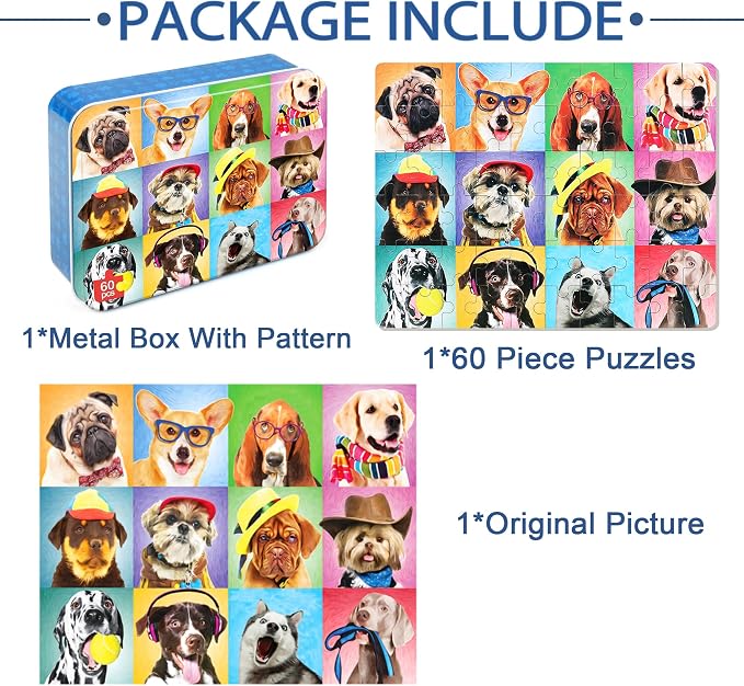 LELEMON Puzzles for Kids Ages 4-6,Dog 60 Piece Puzzles for Kids Ages 4-8 | Children Jigsaw Puzzles Kids Puzzles in a Metal Box,Educational Learning Puzzle Toys for Girls and Boys