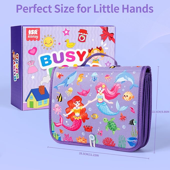 Toddler Busy Board Montessori Busy Book for Kids, Educational Activity Book | 24 in 1 Quiet Learning Sensory Toys for Motor Skills, 12-Page Travel Toy for Car Airplane, Girl Birthday Gift (Mermaid)
