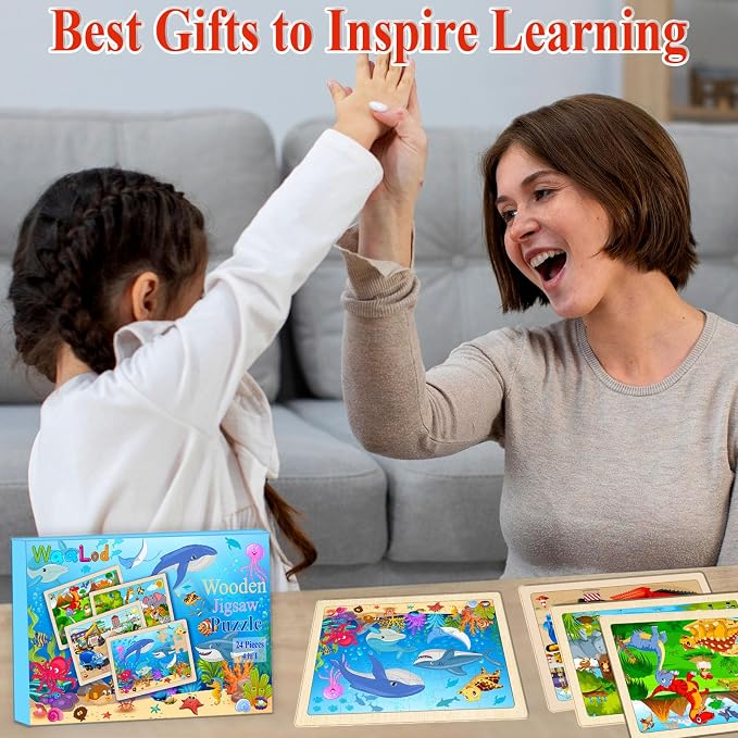 Wooden Puzzles for Kids Ages 4-6, 4 Pack 24 Pcs Toddler Puzzles Set for Ages 3-5, Educational Learning Toys Gift for Boys Girls 3 4 5 6 Year Old, Dinosaur Animal Ocean Vehicle