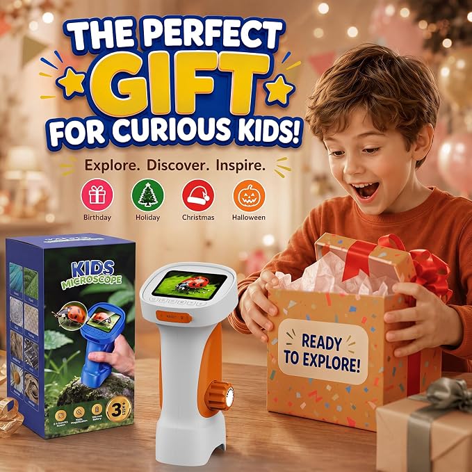 1000X Handheld Digital Microscope for Kids: Explorer 1080P Magnifying Glass | 2.4” IPS Portable Electronic STEM Outdoor Montessori Learning Toy, Birthday Gifts for 4 5 6 7 8-12 Year Old Boys Girls