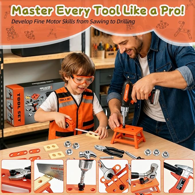49 PCS Kids Tool Set with Realistic Toy Electric Drill & Storage Box, Construction Worker Dress Up Pretend Play Kit with Washable Vest & Goggles, STEM Educational Builder Gift for Boys Ages 3-7