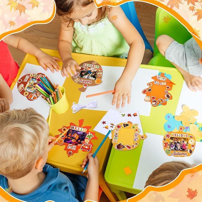 36 Sets Thanksgiving DIY Crafts Kit Fall Picture Frames Autumn DIY Photo Frames Pumpkin Maple Leaf Pine Cone Photo Frame Decor for Kid Home Classroom Thanksgiving Day Kits Game Activities
