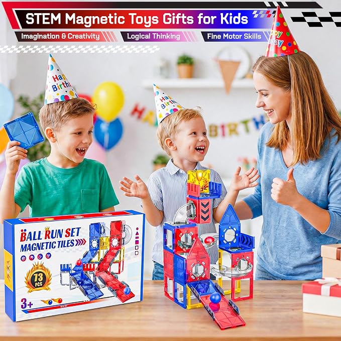 73pcs Magnetic Tiles Marble Run for Kids,STEM Marble Race Track with Rails | Gravity Marble Race,Magnetic Tiles Rail Pack,Preschool Magnetic Tiles for Kids Ages 4-8,Magnet Toy Birthday Gift for Boy