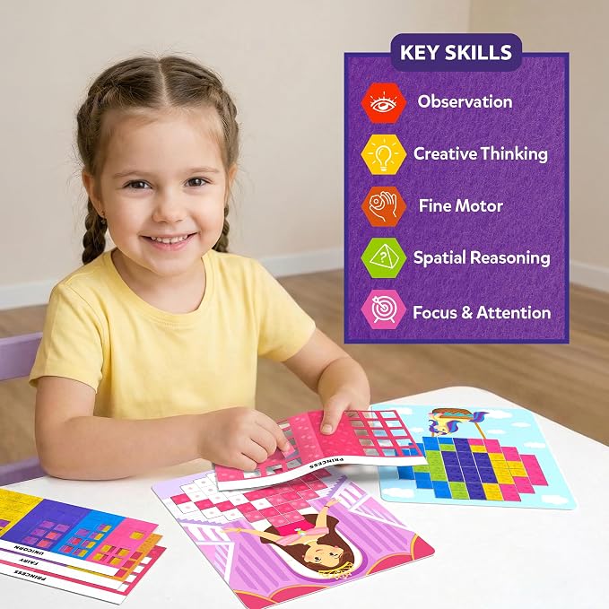 Skillmatics Felt Fun – Unicorns & Princesses, 3D Mosaic Art & Craft Kits | Reusable Color Matching Activity, Mess-Free, Travel Toy, Arts & Crafts, Fine Motor Skills, Girls & Boys Ages 3, 4, 5, 6, 7, 8
