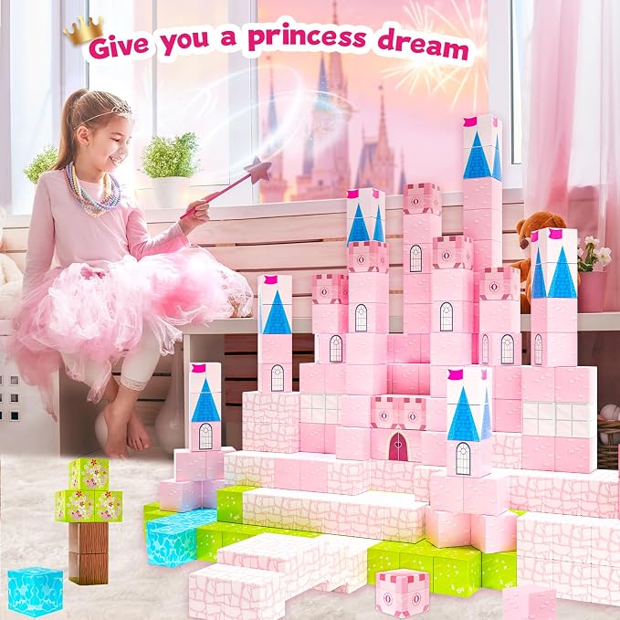 Hiwawind Updated Princess Magnetic Blocks for Girls, Princess Castle Magnetic Building Toys, STEM Montessori Sensory Toys for Toddlers 3-4 5-6 7-8, Creative Birthday Gifts for 3+ Year Old Girl