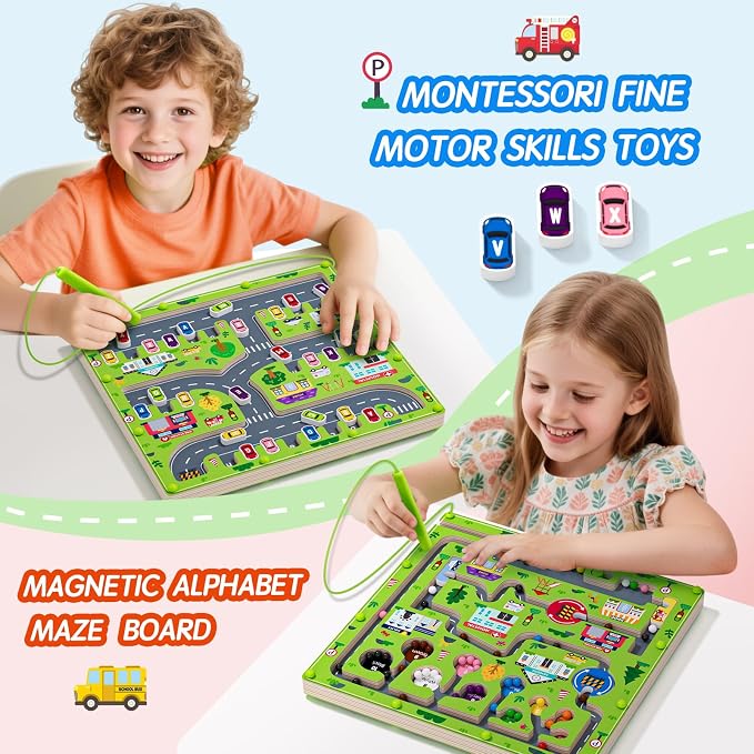 rifamee 2 in 1 Magnetic Color and Number Maze Magnet Alphabet Counting Double Sided Board Wood Puzzle Fine Motor Skills Montessori Preschool Toys Gifts for Boys and Girls 3-5 Age (Big Car, One Size)