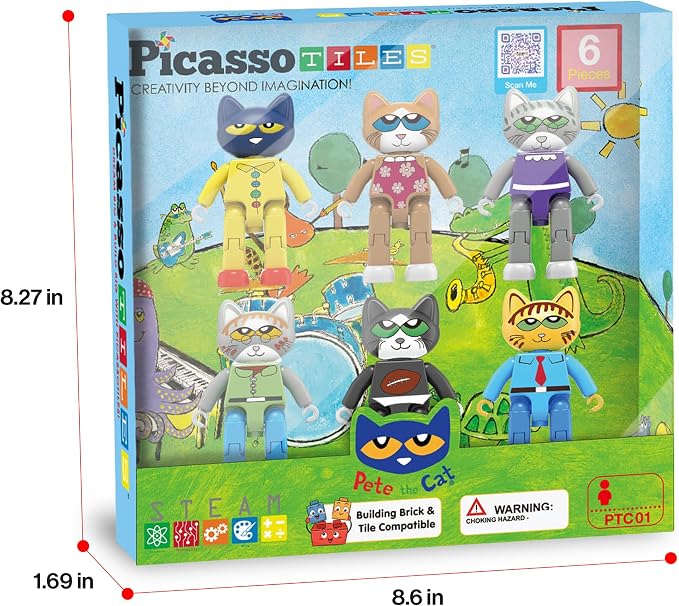 PicassoTiles 6pcs Pete the Cat Magnetic Figures Family Animal Action Character Toddler Toys Magnet Expansion Pack Building Blocks Add-on Educational STEM Learning Kit Construction Brain Tiles PTC01
