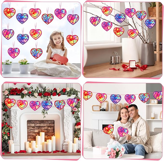 Qyeahkj 36 Set Valentine's Day Suncatchers Craft Kit DIY Heart Window Stained Glass Effect Paper Pink Love Window Tissue Paper Craft Home Decor Valentines Art Supplies Favor Gift