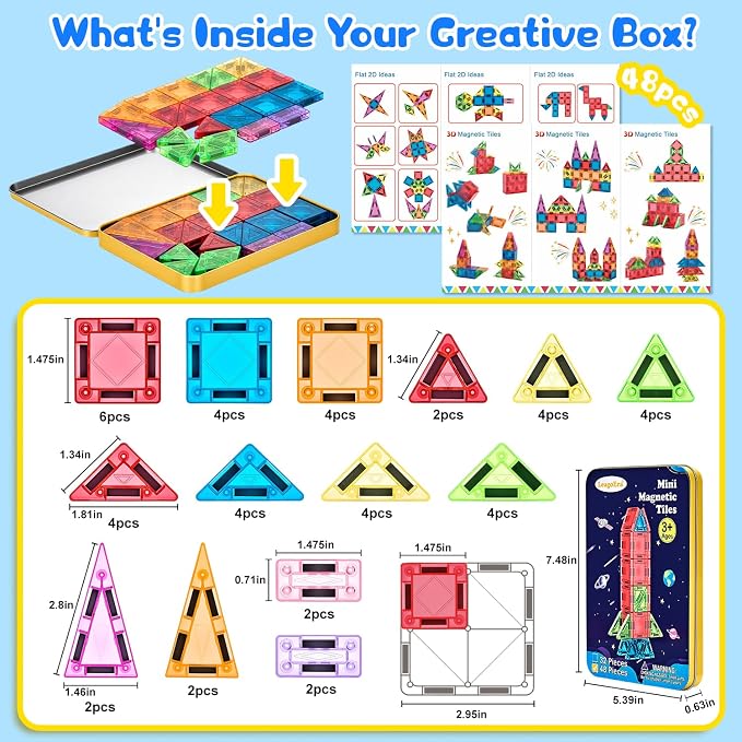 Magnetic Tiles Magnetic Blocks Building Toy: Portable Mini Magnetic Tiles Travel Set 48 Pieces Montessori Toys Birthday Gift for Kids Girls and Boys Ages 3-12 Years Old Preschool Classroom Must Haves