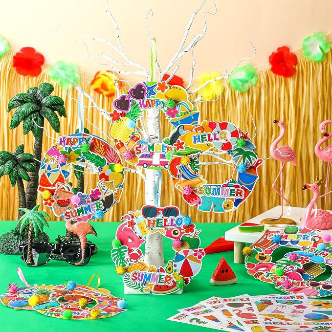 Hollowfly 48 Sets Summer Wreath Craft Kits DIY Paper Hanging Ornaments | Kids Summer Crafts, Door Wreath Decorations for Party Favors, Colorful Paper Rings, Tropical Fruit Flamingo Stickers