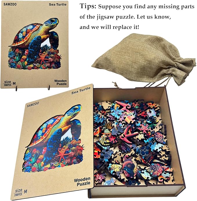 Wooden Puzzles for Adults, Coral Sea Turtle Jigsaw Puzzles for Adults, 200 Piece Unique Animal Shaped Wood Cut Puzzles, Fun Challenging Turtle Puzzles Gift for Kids Family Game Home Decor 10.8 * 11in