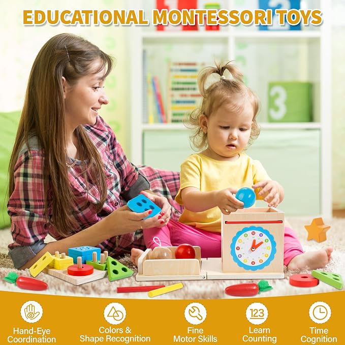 Kizfarm Wooden Montessori Baby Toys, 8-in-1 Wooden Play Kit Includes Object Permanent Box, Coin Box, Carrot Harvest, Shape Sorting & Stacking - Birthday Gift for Boys Girls Toddlers (Pack of 2)