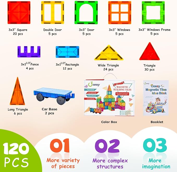 cossy 120Pcs Magnetic Tiles Magnetic 3D Building Blocks Set, Construction Toys for 3 4 5 6 7 8 Year Old Boy and Girl with Stronger Magnets, Educational Toys, Recreational, Conventional