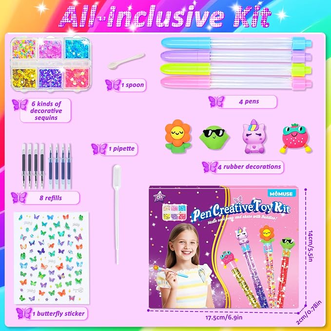 MOMUSE DIY Pen Making Kit for Kids Girls 6-12, Pen Creator Studio Craft Kit | Make 4 Sparkly Pens with Butterfly Stickers Sequins Beads, Girl Birthday Gifts