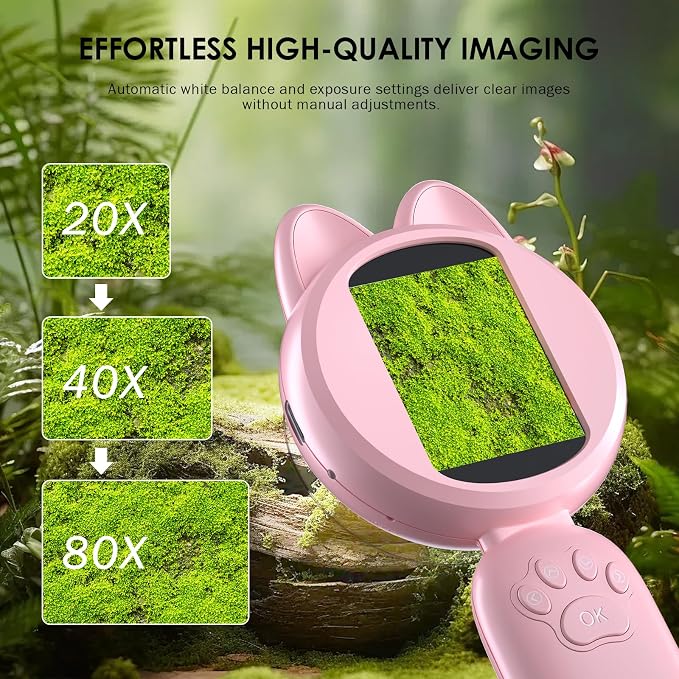 Kids Microscope 100X Magnification, STEM Handheld Digital Science Kit, Portable Educational Toy for Ages 3-16, Birthday for Boys & Girls Pink