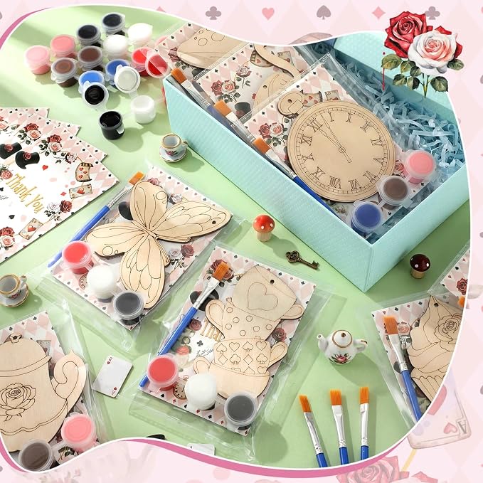 Saypacck 24 Pcs Wonderland Party Favors Wooden Paint Craft Kits | 8 Unicorn Butterfly Designs, Paint Colors Included, Goodie Bags Fillers Wonderland Decorations Fairy Wands Theme Crafts