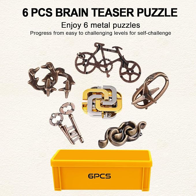6 PCS Metal Brain Teaser Puzzles for Adults and Kids, Disentanglement Metal Logic Puzzle Set, IQ Mind Challenge Brain Games Toy Gift(6PCS Metal A)