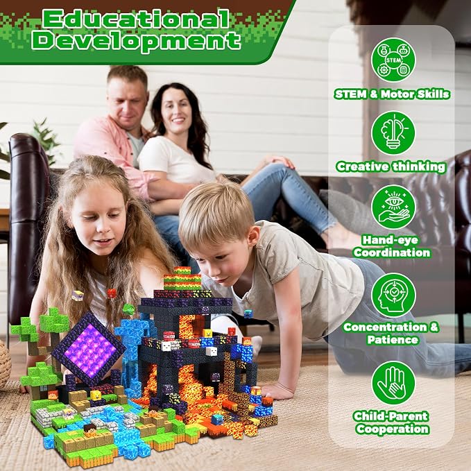 Magnetic Blocks - 300 PCS with Light Up Blocks Dinosaur Volcano Forest Castle Set - Kids Classroom Sensory Toy for Toddlers STEM, Construction Stacking Toy Kids 3+ Boys easter basket stuffers