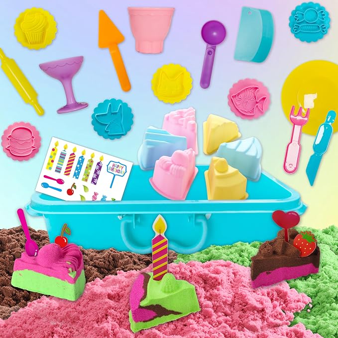 Carolart Cake Sensory Bin, Sand Baking Toys for Kids, Play Cake Sand Kit | Ice cream and dessert sensory play with colorful sensory sand, pretend bakery activity, gift for kids ages 3-8
