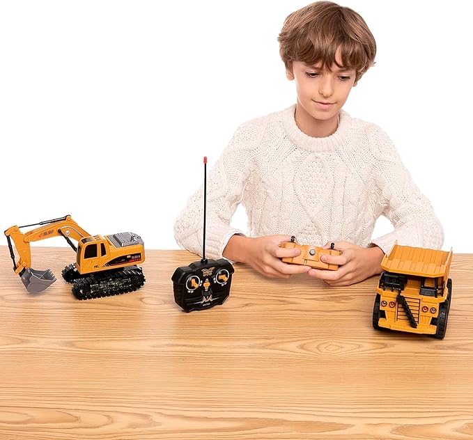 JOYIN 2 PCS Remote Control Construction Vehicle Toy Set, Friction-Powered RC Excavator & RC Dump Truck with Lights and Sounds for Imaginative Play, Birthday Gifts for Boys Girls