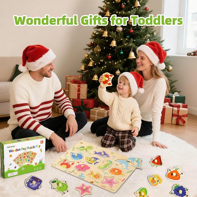 Melofaver 4 PCS Wooden Peg Puzzles for Toddlers, Montessori Kids Puzzle | 4 PCS Toddler Puzzles Set-Fruits, Sea Animals, Home Appliances, Vegetables, Learninng Toys Gift for 3 4 5 Years Boys Girls