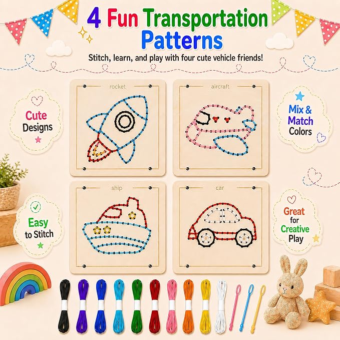 Montessori Wooden Lacing Toys for Toddlers and Kids Ages 2-4 5-7, Sewing Kit Fine Motor Skill Busy Board, Education Sensory Preschool Toy for 1 2 3 4 Year Olds, Birthday Gift for Boys and Girls