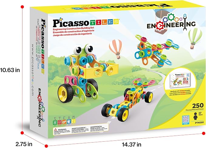 PicassoTiles STEM Learning Toys 250 Piece Building Block Kids Construction Engineering Kit Toy Blocks Children Early Education Playset w/Free IdeaBook, Power Drill, Clickable Ratchet, Age 3+ PTN250