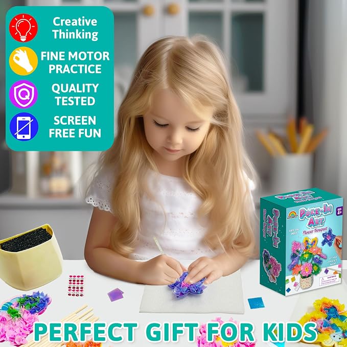 AGENTLAN Poke Art Bouquet Craft Kit,Mess-Free 3D Crafts for Kids Ages 3-8 | Glue free with flower pot,poke in foam flowers, butterflies,DIY arts and crafts gift for toddlers