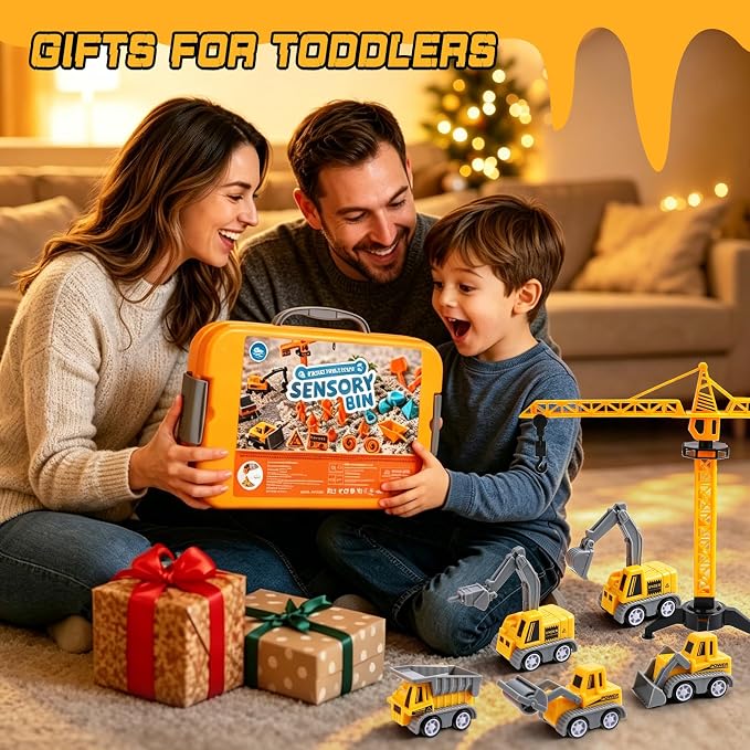 Construction Sensory Bin for Toddlers – Gifts for 3 Year Old Boys | Play Sand Building Kit Sandbox Playset with Lid Preschool Learning Activity Toys for Girls Ages 3‑5