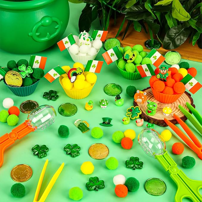 307 Pcs St. Patrick's Day Sensory Bin Filler Shamrock Fine Motor Sensory Bin Items Includes Pom Poms Irish Shamrock St. Patrick's Hat Resin Animals for Counting Sorting Training