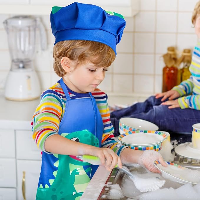 R HORSE 2 Pieces Kids Apron and Chef Hat Set, Dress up Role Play Chef Toy | Adjustable Blue Dinosaur Kitchen Apron Set, Ideal for Cooking, Baking, Painting, and Training, Birthday New Year Cooking Gift