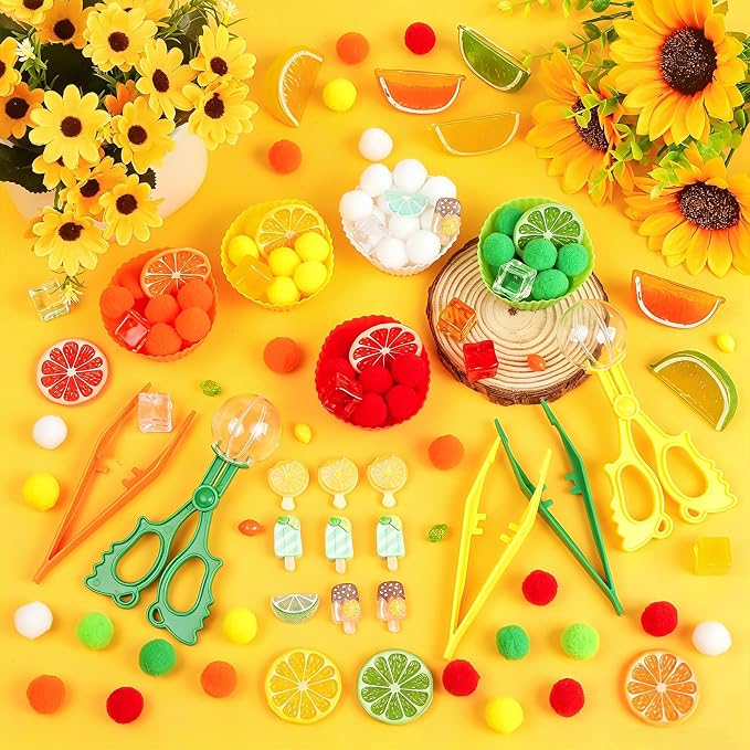 255PCS Lemon Sensory Bin Filler Summer Lemon Fine Motor Sensory Bin Items Includes Pom Poms Lemon Slices Fake Cubes Counts Resin for Spring Summer Counting Sorting Training
