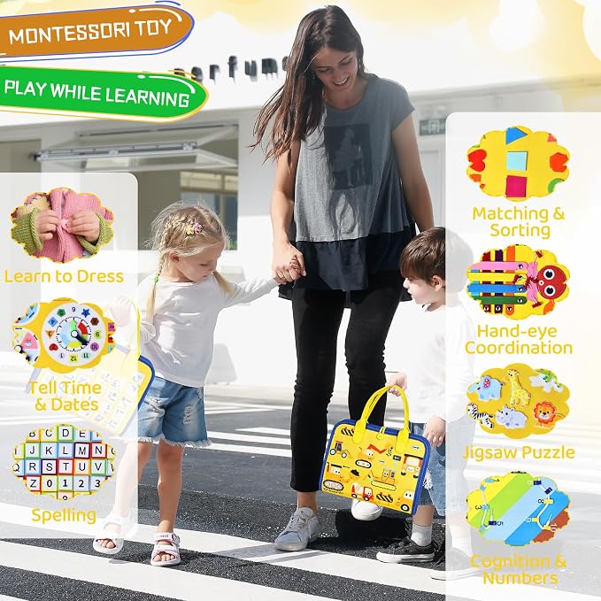 Esjay Busy Board Montessori Toys for Boys Girls, Sensory Book Educational Activities for Learning Fine Motor Skills, Birthday Gifts, Travel Toys for Airplane Car,Yellow Multipages