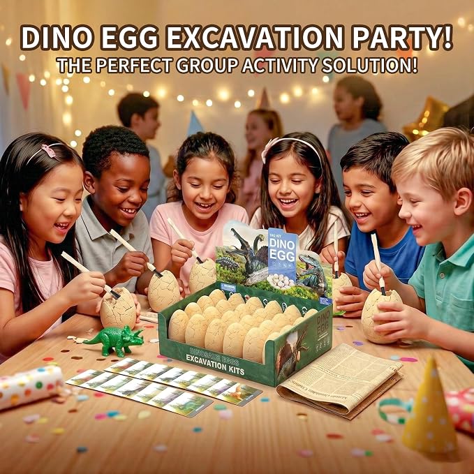 24 Dinosaur Eggs Dig Kit Toys for Kids, Excavation Kit with Magnifier | Easter Basket Stuffers, Science STEM Birthday Party Favors, Gifts for Boys Girls Age 3 4 5 6 7 8 9 10 + Years Old