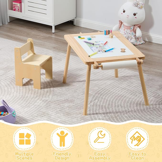 GITAWUSA Sensory Table and Chair for Toddlers 2-8, Wood Kids Activity Tables with Storage Bins, Toddler Play Table with Roll Holder for Drawing Paper, Kids Art Tables with Double-Sided Graffiti
