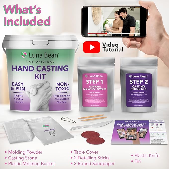 Luna Bean Hand Casting Kit - Couples, Wedding, Hand Mold | Highly detailed, easy to use, fun activity for making memories; gifts for women, special occasions, milestones, and family