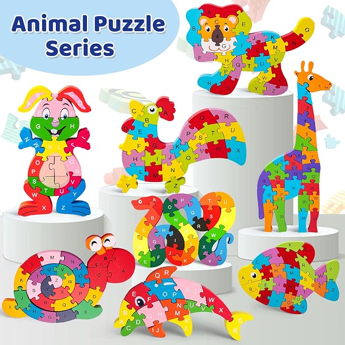 LovesTown Wooden Double Sided Snake Puzzle | Alphabet & Numbers, Educational Toys, Chunky Animal Design, For Toddlers, Great Learning Gift